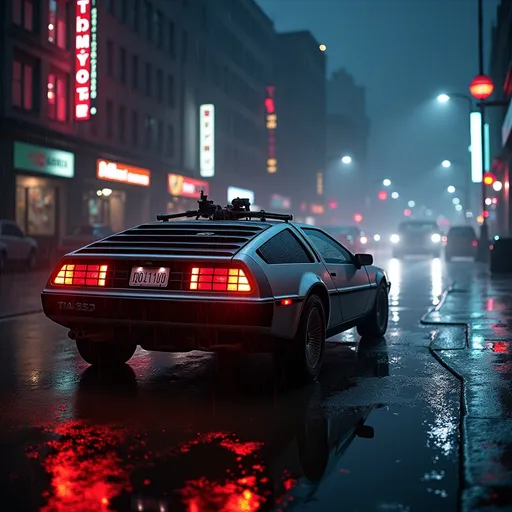 Prompt: (DeLorean), neon-lit from below, thunderstorm ambiance, dramatic rain, dark glares reflecting off wet pavement, gritty noir city atmosphere, moody shadows and lighting, cinematic high contrast, allure of mystery, urban landscape, ultra-detailed, 4K quality, dynamic rain effects, cinematic masterpiece feeling.