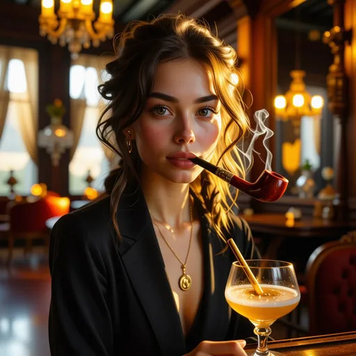 Prompt: (ultra-detailed) A young woman smoking a pipe, inside a luxurious manor, rich interior decor, opulent furnishings, warm golden light bathing the scene, vintage elegance, soft textures, classic patterns, regal ambiance, deep wooden accents, intricate chandeliers overhead, atmospheric shadows, highlighting her relaxed expression, graceful pose, cocktail glass nearby, emphasizing relaxation and sophistication.