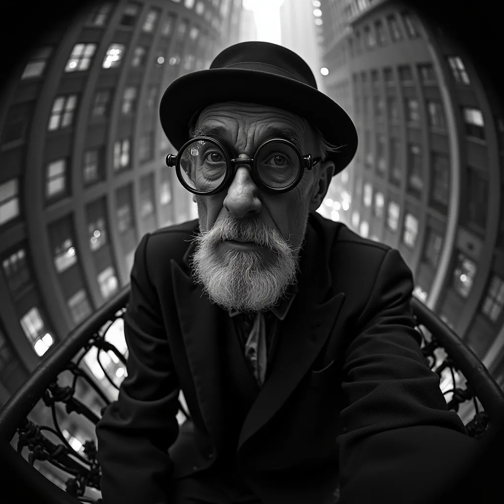 Prompt: Bw fisheye selfie of an old man wearing monocle, (steampunk style), 1930s New York balcony, (noir atmosphere), nighttime setting, dramatic shadows, intricate metalwork details, vintage attire, expressive face highlighting intrigue, black and white tones, moody lighting creating a sense of mystery, ultra-detailed background showcasing urban architecture, high-quality sharp focus, capturing the essence of a bygone era.