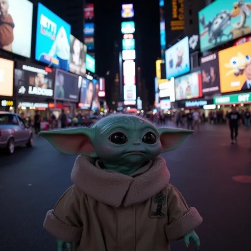 Prompt: Baby Yoda, whimsical character, 80s Times Square backdrop, neon lights reflecting vibrant colors, bustling city life, bright billboards advertising retro products, iconic Marshmallow Man looming cheerfully in the scene, night setting creates an enchanting atmosphere, soft glow from street lamps, high-quality detail capture, cinematic composition, dynamic vibe of a nostalgic era.