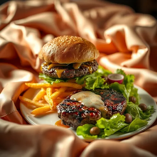 Prompt: (Hamburger with fries and cheese), (luxurious silk bed), inviting ambiance, warm lighting, high contrast, gourmet presentation, textures of silk contrasted with the rustic look of steak, crisp salad drizzled with dressing, soft shadows, elegantly arranged plate, gourmet dining experience, ultra-detailed, 4K quality, rich colors, cozy atmosphere.