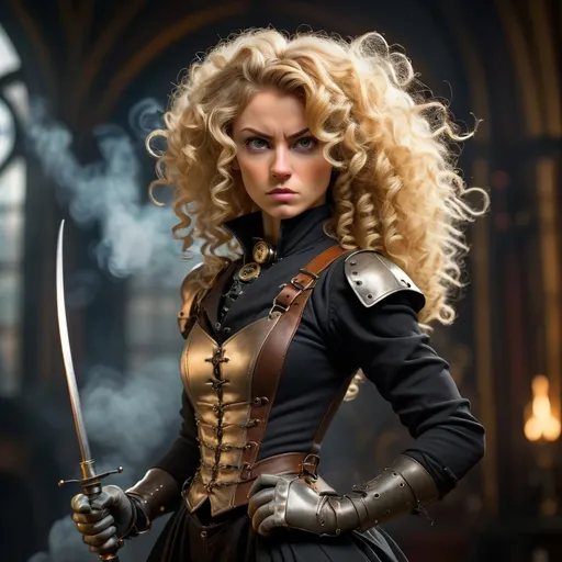 Prompt: (tall, lean, muscular Belgian fencer), (curly blonde hair), (steampunk attire), armed with a rapier, striking a dynamic pose, thoughtful expression, intricate gear details in the attire, dramatic lighting highlighting the metallic textures, gothic elements in the background, atmospheric smoke, moody ambiance, high detail, ultra-detailed, cinematic quality.