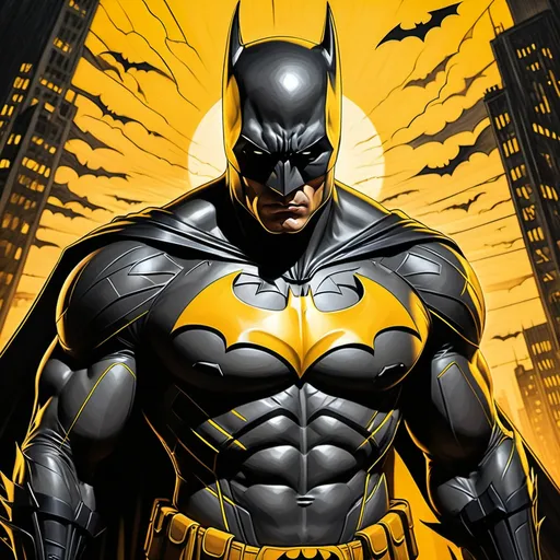 Prompt: (pencil drawing), Batman, black and yellow design, dramatic sunset backdrop, vibrant contrasts of warm yellows and deep blacks, shadowy outlines emphasizing the superhero's muscular form, sunset hues casting an intense glow, mood of action and heroism, highly detailed, 4K, visually striking composition.