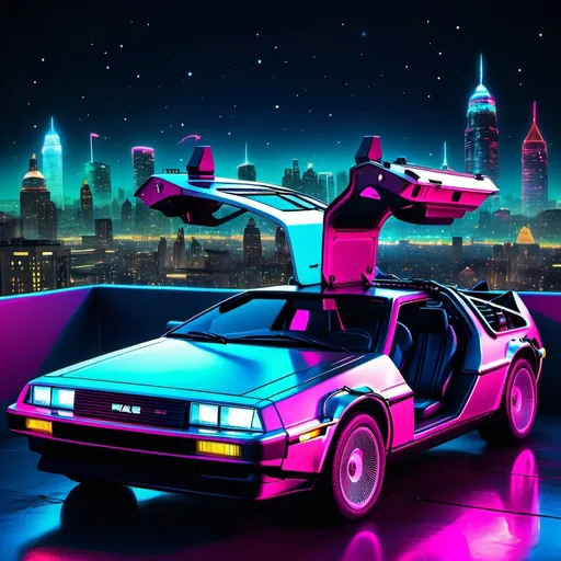 Prompt: (neon-lit DeLorean), futuristic vehicle, rooftop setting, dark starry sky, vibrant neon colors illuminating the scene, sleek and shiny design of the car, vivid reflections on the rooftop, cinematic atmosphere, high contrast lighting, urban skyline in the background, ultra-detailed, immersive night ambiance, cool and dramatic feel, suggests the excitement of time travel.