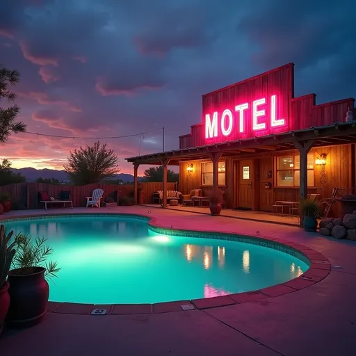 Prompt: Americana desert town motel with (vibrant neon) lights, including a (glowing turquoise) pool, rustic architecture, wooden beams, and vintage signage, evening twilight sky with deep hues of (purple and orange), capturing the nostalgic atmosphere, inviting yet lonely vibe, high-quality details, cinematic ambiance, ultra-detailed.