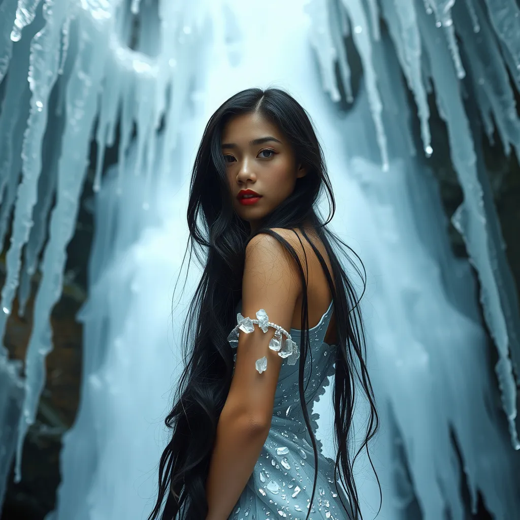 Prompt: Long view of A young woman with long black hair dressed in crystals in an icy waterfall