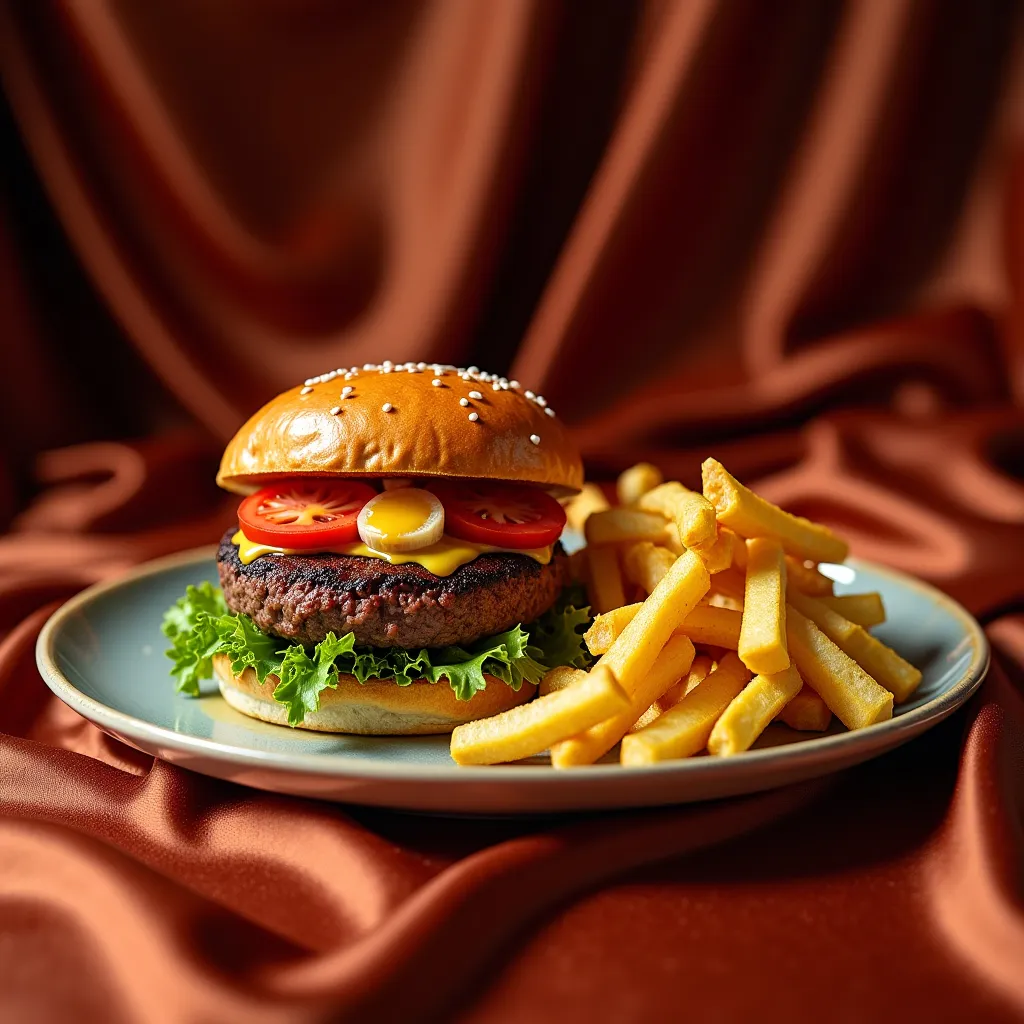 Prompt: (Hamburger with fries and cheese), (luxurious silk bed), inviting ambiance, warm lighting, high contrast, gourmet presentation, textures of silk contrasted with the rustic look of steak, crisp salad drizzled with dressing, soft shadows, elegantly arranged plate, gourmet dining experience, ultra-detailed, 4K quality, rich colors, cozy atmosphere.