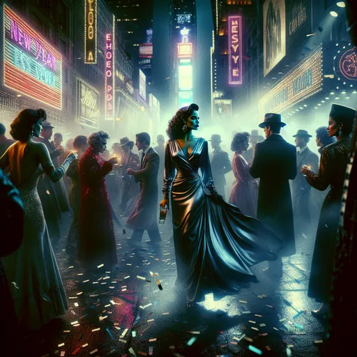 Prompt: (New Year’s Eve party), (dark gritty noir), 80s Times Square, neon lights illuminating a beautiful woman dressed in flying silk in the streets, bustling crowd in vintage attire, smoky atmosphere, dramatic shadows, excitement building, confetti cascading everywhere, city sounds reflecting the vibrant festivities, high detail, cinematic with rich color depth, cool tones contrasting with warm highlights.