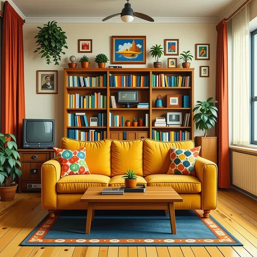 Prompt: (infinitely extending Seinfeld apartment), (iconic sitcom setting), cozy furnishings, vibrant colors, detailed backgrounds, classic 90s aesthetic, whimsical elements, subtle humor, high-detail illustration, warm ambiance, various rooms blending seamlessly, nostalgic vibes, pops of playful decor, HD quality, dynamic layout.