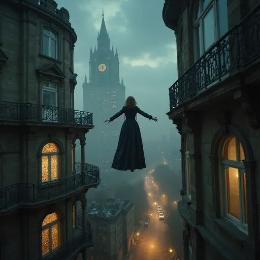 Prompt: first person fish eye view of a young woman dressed in clouds flying from the ledge of a baroque building with huge paited glass wibdows dark gritty retro city atmosphere, highly detailed architecture, dramatic shadows, cinematic lighting, contrasting styles of elegance and rawness, urban atmosphere, cloudy night sky, an atmosphere of mystery and intrigue, atmospheric perspective, ultra-detailed, high quality, rich textures