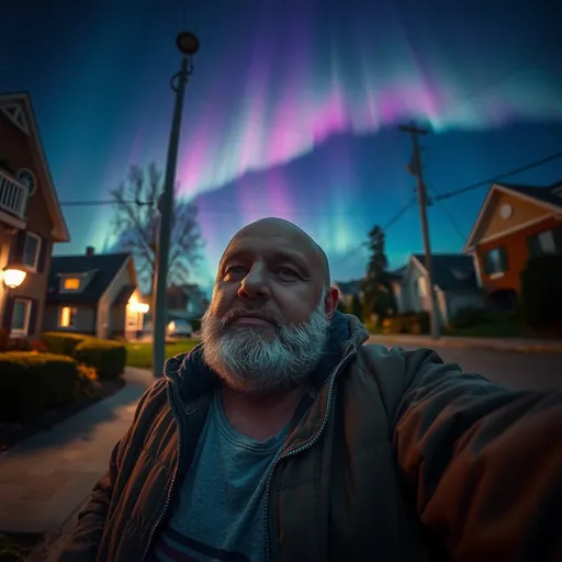 Prompt: Selfie of a (fat homeless man), set in a tranquil neighborhood, (colorful aurora borealis) illuminating the night sky, (soft ambient light) reflecting in the surroundings, capturing a moment of solitude and hope, (vivid colors), (highly detailed), (emotionally evocative), (4K quality).