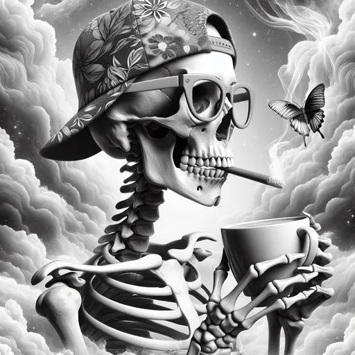 Prompt: (black and white) side view of a woman skeleton, wearing stylish glasses and a vibrant cap, drinking coffee, surrounded by soft, fluffy clouds, ethereal atmosphere, cozy and whimsical vibe, detailed bone structure, calm facial expression, high-quality, ultra-detailed, photorealistic to evoke a light-hearted, surreal mood.