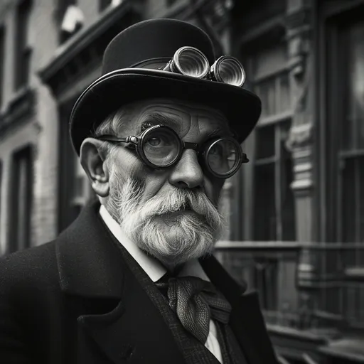 Prompt: Bw fisheye selfie of an old man wearing monocle, (steampunk style), 1930s New York balcony, (noir atmosphere), nighttime setting, dramatic shadows, intricate metalwork details, vintage attire, expressive face highlighting intrigue, black and white tones, moody lighting creating a sense of mystery, ultra-detailed background showcasing urban architecture, high-quality sharp focus, capturing the essence of a bygone era.