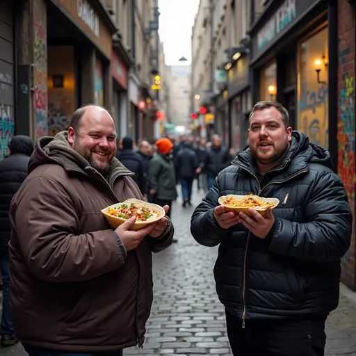 Prompt: Fat people enjoying burritos, bustling dirty backstreet in Edinburgh, gritty urban atmosphere, cobblestone pavement, faded brick buildings covered in graffiti, warm yet low lighting casts shadows, sumptuous colors of burritos contrasted against dull surroundings, authentic street food vibe, captures joy and indulgence, 4K, ultra-detailed.