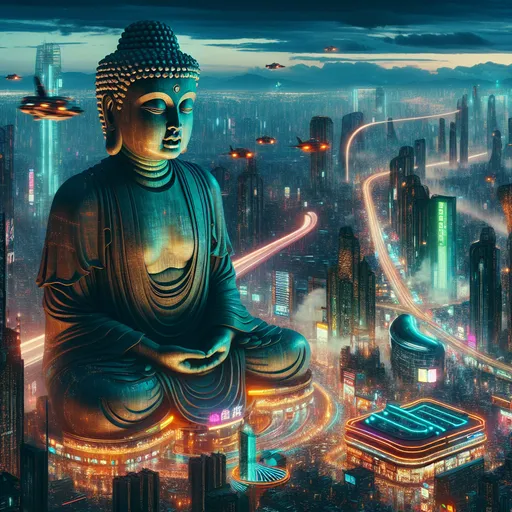 Prompt: (enormous statue of female Buddha), overlooking a sprawling futuristic city, illuminated by vibrant neon lights, gritty atmosphere, night scene, flying cars zipping through the air, sky restaurants glowing, (high-resolution), captivating skyline, cinematic depth, intriguing contrast between serenity of Buddha and bustling urban life, detailing in cityscape with diverse architectural designs, evoking a sense of wonder and possibly melancholy.