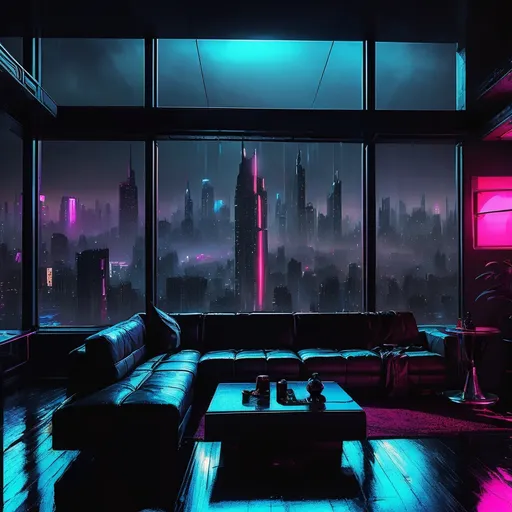 Prompt: Futuristic penthouse, Blade Runner aesthetic, neon lights illuminating the skyline, sleek furniture in dark tones, bustling city outside, rain-soaked glass for a reflective touch, moody ambiance, 80s retro vibe, richly detailed with ultra-detailed lighting, cinematic depth, high quality, evoking feelings of mystery and intrigue, night scene, vibrant urban landscape, atmospheric shadows.