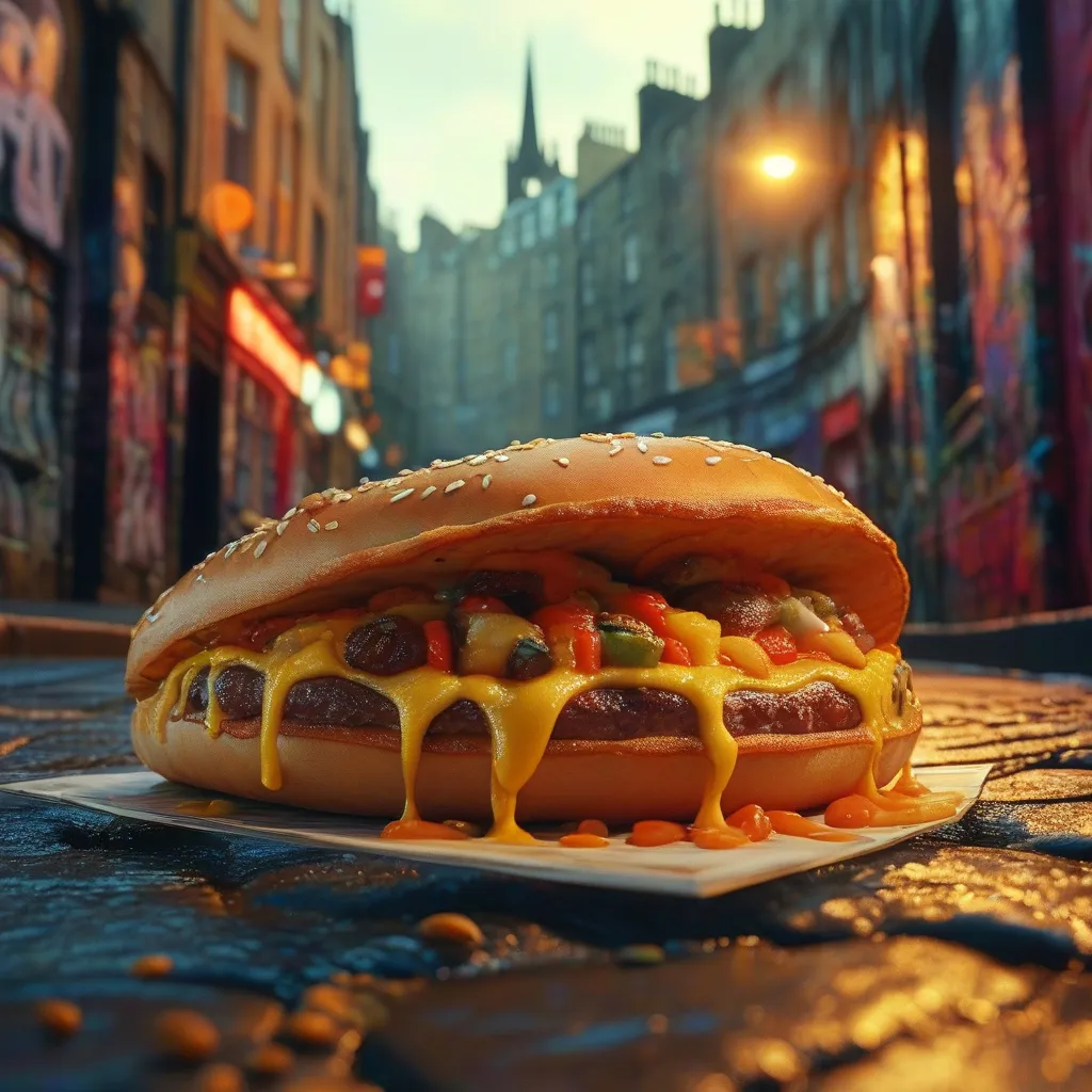 Prompt: Fat people enjoying burritos, bustling dirty backstreet in Edinburgh, gritty urban atmosphere, cobblestone pavement, faded brick buildings covered in graffiti, warm yet low lighting casts shadows, sumptuous colors of burritos contrasted against dull surroundings, authentic street food vibe, captures joy and indulgence, 4K, ultra-detailed.