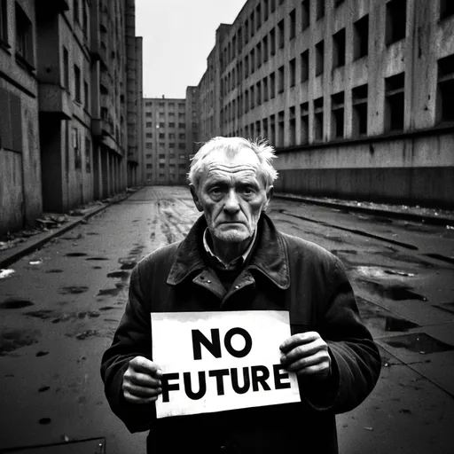 Prompt: Bw grainy Selfie of A sad old man holding a "NO future" sign in a dark gritty soviet brutalist city block