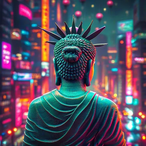 Prompt: (Awe-inspiring huge statue of liberty Buddha), front view, towering over futuristic skyscrapers, vibrant neon lights illuminating a gritty Tokyo landscape at night, (atmospheric) with zeppelins floating in the sky, cinematic depth with dramatic shadows, intricate details, neon color palette, (highly detailed and vivid), (cyberpunk aesthetic), ultra-detailed, mysterious ambiance, 4K.