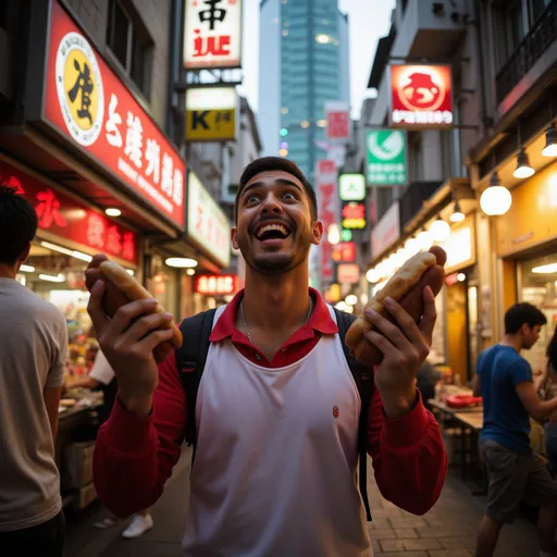 Prompt: (A joyful man holding a hotdog in each hand), bustling Kowloon backdrop, vibrant colors, abundant street life and neon lights, warm lighting casting playful shadows, ultra-detailed realism, capturing an atmosphere of excitement and culinary delight, energetic ambiance, lively street scenes with distinct cultural elements, 4K quality.