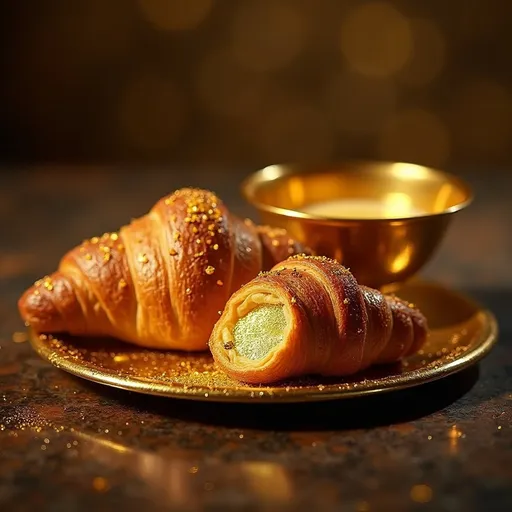 Prompt: (4K), photorealistic, a croissant (dipped in shimmering gold), next to an extravagant (luxurious gold bowl), opulent setting, rich textures, glossy surfaces, warm lighting that highlights the golden hues, inviting ambiance, delicious detail, artsy presentation, gourmet food styling, decadent and fine dining atmosphere.