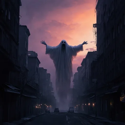 Prompt: (mysterious ghost looming over a cityscape at dusk), enveloped in an eerie mist, (shadows creeping along buildings), vibrant hues of purple and deep orange in the sky, adding a dramatic contrast, (haunting ambiance), streets glowing softly in the twilight, intricate details of urban architecture shadowed, (ultra-detailed, high-quality) image capturing a surreal, supernatural atmosphere.