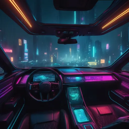 Prompt: First-person view inside a futuristic car, Blade Runner-inspired atmosphere, neon glows reflecting on sleek interiors, rain-soaked windows enhancing the moody ambiance, cyberpunk cityscape visible outside, ultra-detailed dashboard with holographic display, vibrant colors contrasting with dark tones, intense and gripping vibe, high quality, cinematic depth, immersive experience.