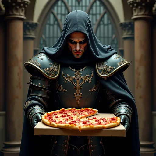 Prompt: (Vlad the Impaler), medieval figure, wearing dark armor, dramatic expression, holding a pizza box, (one slice missing), vivid details in the pizza toppings, eerie atmosphere, muted colors creating a grim yet humorous mood, rich textures highlighting historical elements and modern food, ornate background with gothic architecture, (4K, ultra-detailed).