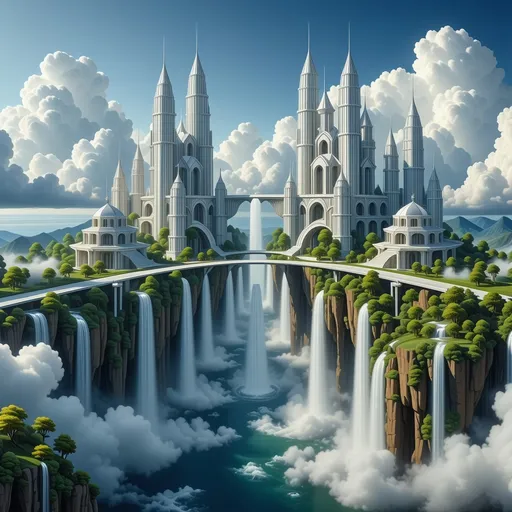 Prompt: Majestic city in the sky, soaring architecture with gleaming silver towers and vibrant gardens, set against a backdrop of fluffy, white clouds and a brilliant blue sky. Ethereal bridges connect buildings, cascading waterfalls shimmer under warm sunlight, creating a serene and dreamlike atmosphere. Ultra-detailed, high-definition visual with a sense of wonder and magic.