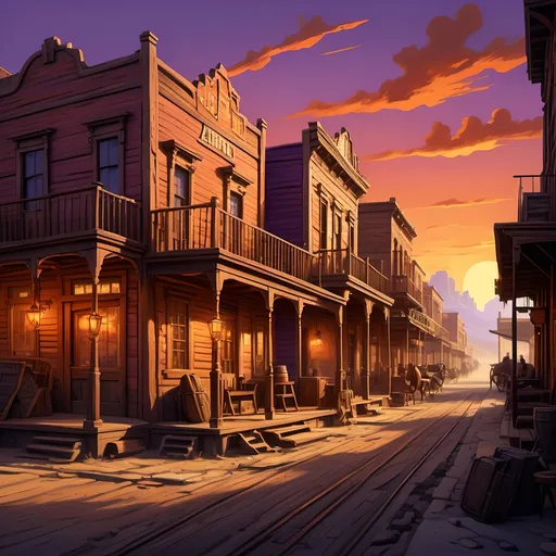 Prompt: (vast wild west city), stunning landscapes, dusty streets, rugged wooden buildings, towering saloons, Western-style architecture, bustling townsfolk, dramatic sunset lighting, deep oranges and purples in the sky, vibrant atmosphere, expansive horizons, intricate details, (ultra-detailed), capturing the spirit of adventure and exploration in a bygone era, high-quality illustration.