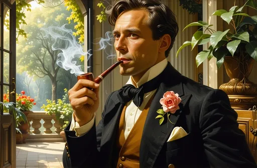 Prompt: (baron smoking a pipe), (elegant pose), lush manor garden backdrop, opulent manor architecture, soft and dappled sunlight filtering through leaves, warm earthy color tones, classic attire with dramatic historical flair, rich textures, serene ambiance, high level of detail and craftsmanship, ultra-detailed painting style, inviting atmosphere, reminiscent of a bygone era, enchanting botanical elements