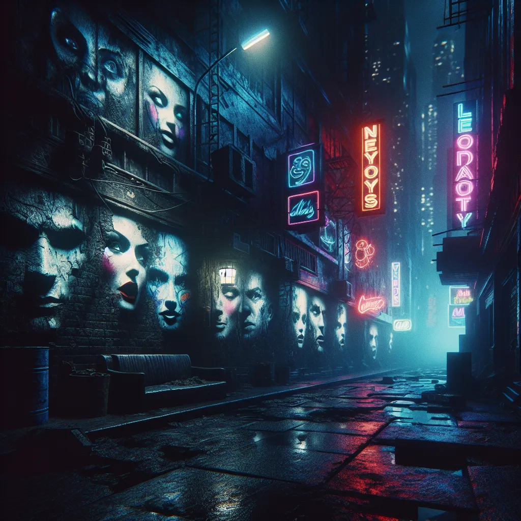 Prompt: Dark alternate 80s noir New York Times Square, eerie atmosphere, faces intricately forming on grimy walls and cracked pavement, neon lights flickering, shadowy figures lurking, dramatic contrasts of light and shadow, moody color palette with deep blues and striking reds, mysterious ambiance, high depth 4K ultra-detailed imagery, a surreal and haunting visual landscape.