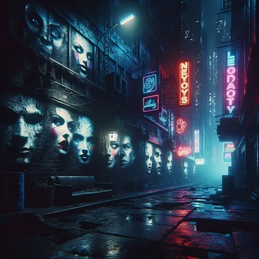 Prompt: Dark alternate 80s noir New York Times Square, eerie atmosphere, faces intricately forming on grimy walls and cracked pavement, neon lights flickering, shadowy figures lurking, dramatic contrasts of light and shadow, moody color palette with deep blues and striking reds, mysterious ambiance, high depth 4K ultra-detailed imagery, a surreal and haunting visual landscape.
