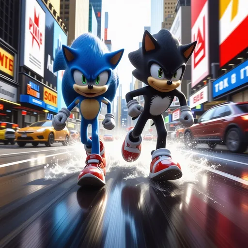 Prompt: Sonic and Shadow in high speed chase over Times Square