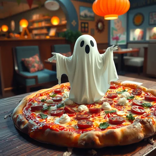 Prompt: (ghostly figure), ghost emerging from a pizza, whimsical and surreal, (playful atmosphere), vibrant colors, intricate cheese details, toppings scattered artfully, warm and inviting lighting, imaginative and humorous scene, a soft, dreamy background with a hint of a restaurant setting, HD, ultra-detailed.