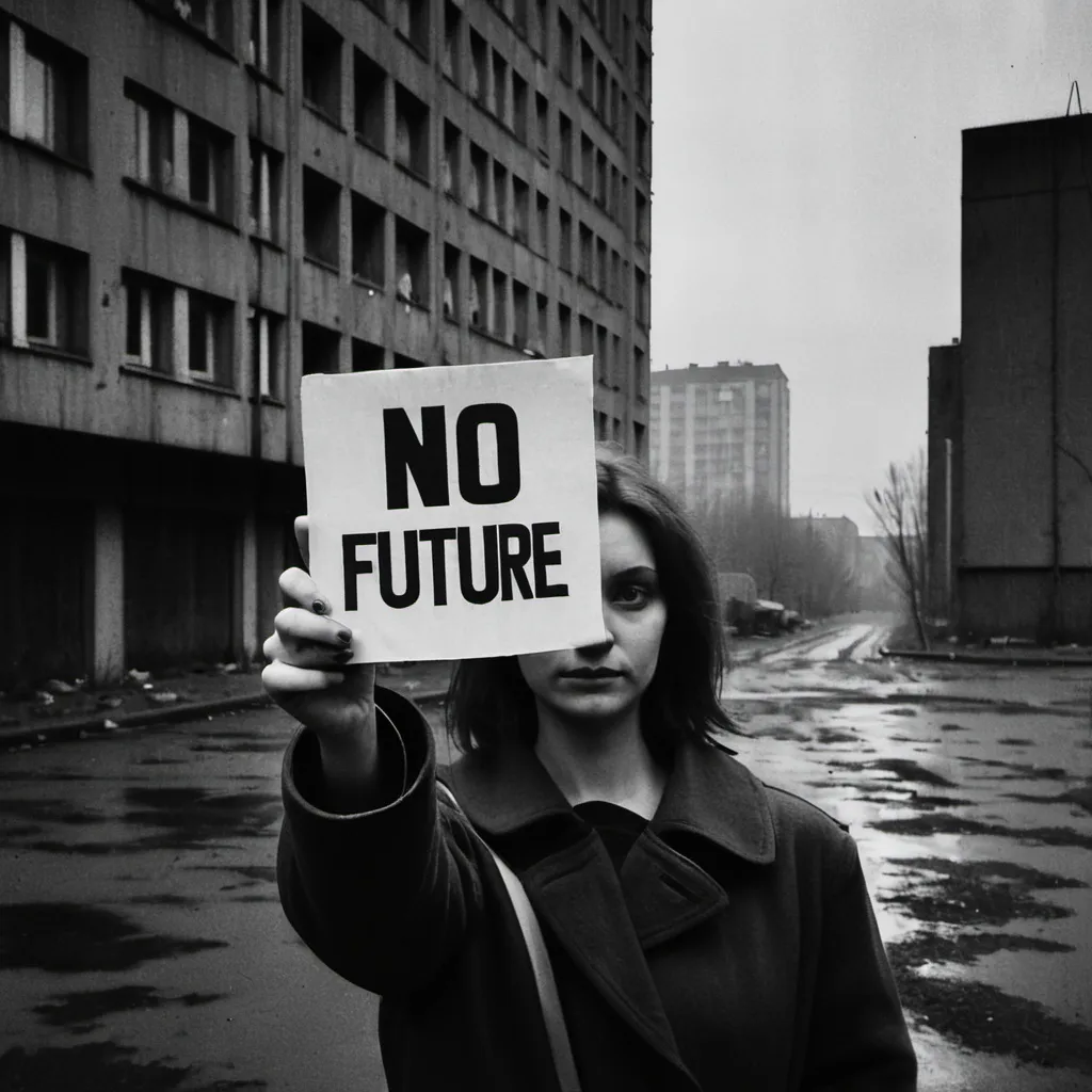 Prompt: Bw grainy Selfie of A sadyoung woman holding a "NO future" sign in a dark gritty soviet brutalist city block