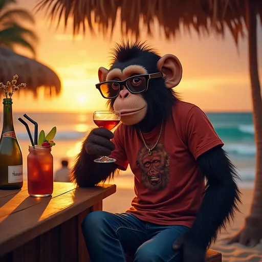 Prompt: (Badass Monkey), wearing (stylish glasses), (funky t-shirt), and (casual jeans), sitting at a beach bar, sipping a drink, vibrant sunset background, waves gently rolling in, warm gold and orange hues illuminating the sky, relaxed yet cool ambiance, tropical cocktails on the bar, high detail, ultra-detailed, cinematic flair