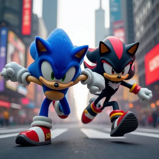 Prompt: Sonic and Shadow in high speed chase over Times Square