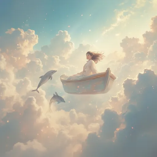 Prompt: Surreal concept of a boat floating in the sky, a girl with a joyful expression, surrounded by jumping dolphins, ethereal clouds in the background, dreamy universe vibes, soft pastel colors, warm and whimsical ambiance, magical scenery with rays of sunlight filtering through the clouds, ultra-detailed, HD quality, fantastical elements blending reality and fantasy.
