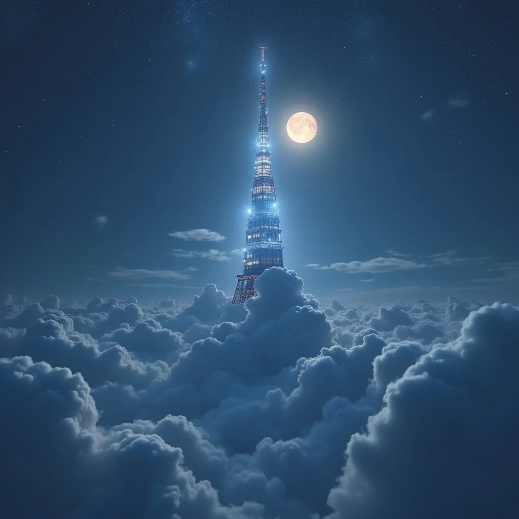 Prompt: Vendecentre, towering high in the starry night sky, illuminated by shimmering celestial lights, majestic clouds surrounding it, creating a dreamlike atmosphere. The moon casts a soft glow, enhancing the ethereal ambiance, while deep blues and silvers dominate the scene, evoking feelings of wonder and tranquility. Ultra-detailed, HD, capturing the enchantment of this night sky view.