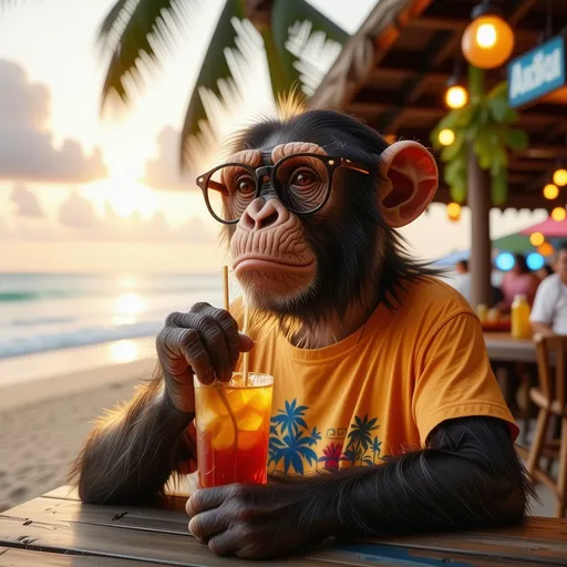 Prompt: (badass cool monkey), wearing (stylish glasses) and (funky T-shirt), relaxing at a beach bar, (cheerful ambiance), sipping a drink, vivid sunset in the background with warm hues of orange and pink, tropical decorations around, ultra-detailed, vibrant colors, high vibrant depth, lively atmosphere, whimsical and fun setting, 4K quality.