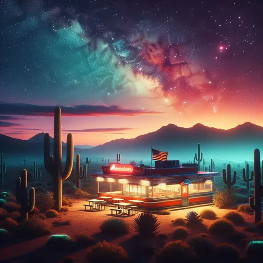 Prompt: (diner in the desert), vibrant starry sky, lush cacti, warm ambient lighting, peaceful atmosphere, retro Americana style, diner against the night, rich twilight colors, high depth detail, tranquil and serene vibe, 4K ultra-detailed, distant mountains, soft shadows and highlights, a sense of isolation and calmness.