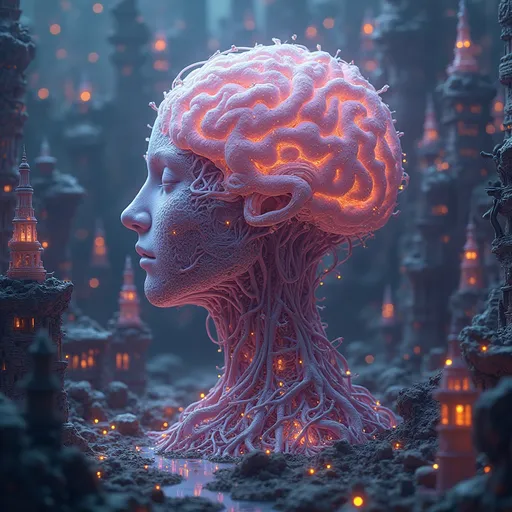 Prompt: (city of a brain), amazing intricacies, surreal architecture, (neural pathways) interconnecting structures, vibrant colors, dreamlike ambiance, soft glowing lights highlighting details, 4K resolution, imaginative skyline, complex patterns reflecting thought processes, futuristic cityscape, inspired by neurological designs, exploring the depths of creativity and intellect, whimsical atmosphere, captivating wonderland of ideas.