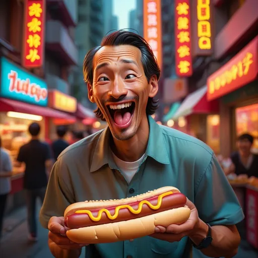 Prompt: (A joyful man holding a hotdog in each hand), bustling Kowloon backdrop, vibrant colors, abundant street life and neon lights, warm lighting casting playful shadows, ultra-detailed realism, capturing an atmosphere of excitement and culinary delight, energetic ambiance, lively street scenes with distinct cultural elements, 4K quality.