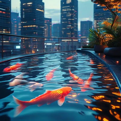 Prompt: Koi fish swimming gracefully in a lit artificial lake, penthouse balcony overlooking a vibrant cyberpunk Tokyo skyline at night, illuminated by neon colors, dynamic reflections on water surface, modern architecture in the background, futuristic mood, captivating atmosphere, ultra-detailed, warm artificial lights creating a serene ambiance, breathtaking city rarely seen, 4K quality.