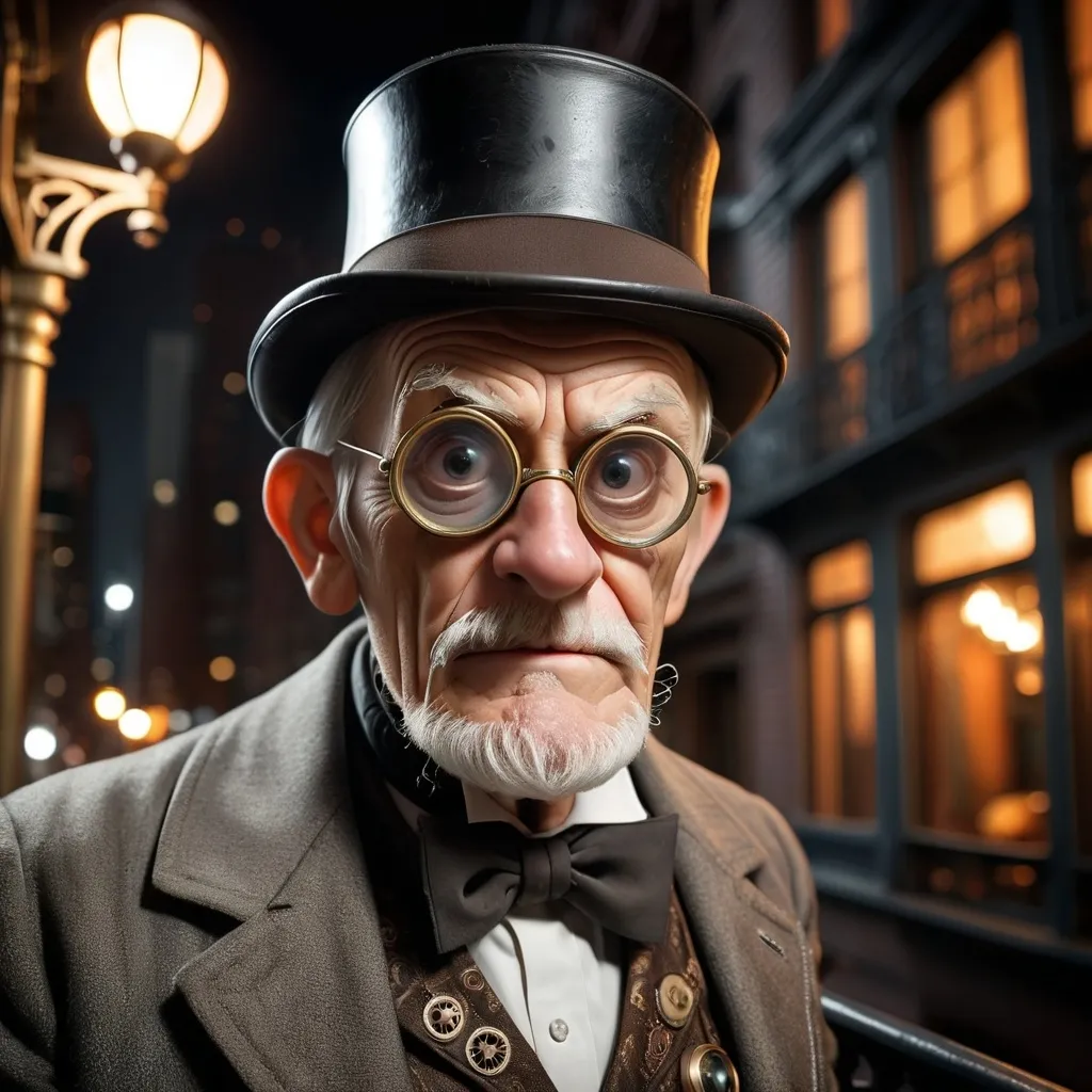 Prompt: Bw fisheye selfie of an old man wearing monocle, (steampunk style), 1930s New York balcony, (noir atmosphere), nighttime setting, dramatic shadows, intricate metalwork details, vintage attire, expressive face highlighting intrigue, black and white tones, moody lighting creating a sense of mystery, ultra-detailed background showcasing urban architecture, high-quality sharp focus, capturing the essence of a bygone era.