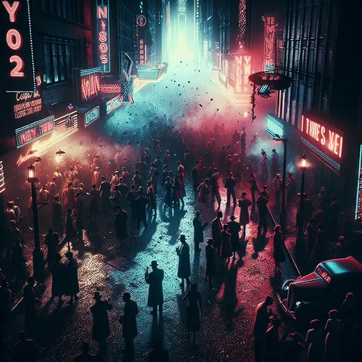 Prompt: (New Year’s Eve party), (dark gritty noir), 80s Times Square, neon lights illuminating the streets, bustling crowd in vintage attire, smoky atmosphere, dramatic shadows, excitement building, confetti cascading everywhere, city sounds reflecting the vibrant festivities, high detail, cinematic with rich color depth, cool tones contrasting with warm highlights.