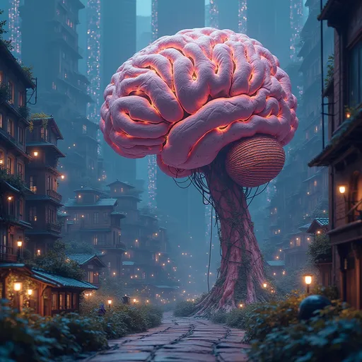 Prompt: (city of a brain), amazing intricacies, surreal architecture, (neural pathways) interconnecting structures, vibrant colors, dreamlike ambiance, soft glowing lights highlighting details, 4K resolution, imaginative skyline, complex patterns reflecting thought processes, futuristic cityscape, inspired by neurological designs, exploring the depths of creativity and intellect, whimsical atmosphere, captivating wonderland of ideas.