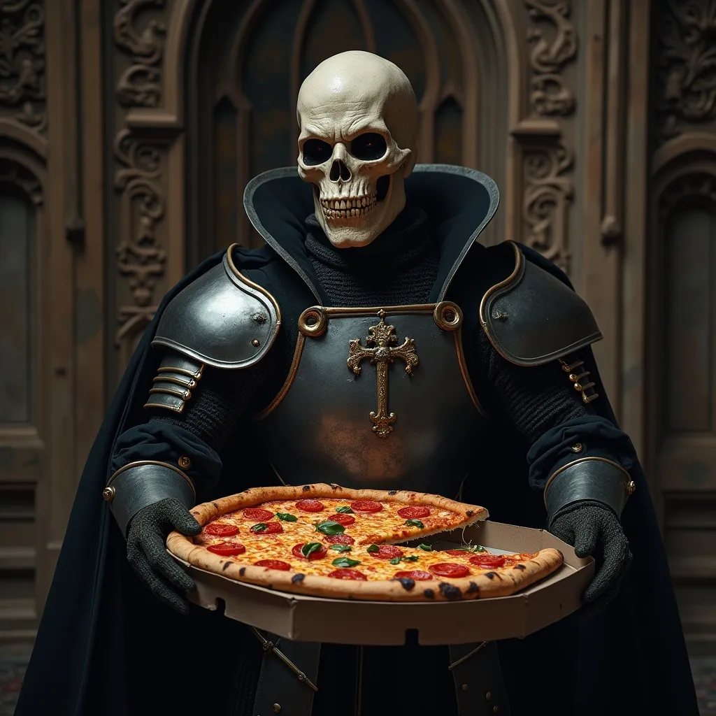 Prompt: (Vlad the Impaler), medieval figure, wearing dark armor, dramatic expression, holding a pizza box, (one slice missing), vivid details in the pizza toppings, eerie atmosphere, muted colors creating a grim yet humorous mood, rich textures highlighting historical elements and modern food, ornate background with gothic architecture, (4K, ultra-detailed).