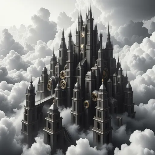 Prompt: Majestic city in the sky, steampunk architecture with soaring towers, intricate gears and brass elements, shrouded in mist, nostalgic retro 1910 vibe, rich black and white contrast, ethereal clouds floating around, high depth cinematic masterpiece, ultra-detailed, grand atmosphere evoking wonder and adventure.